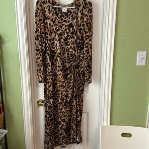 Cabi Selma Dress Medium Leopard Print Long Sleeve Midi Puff Sleeve Ruching Soft